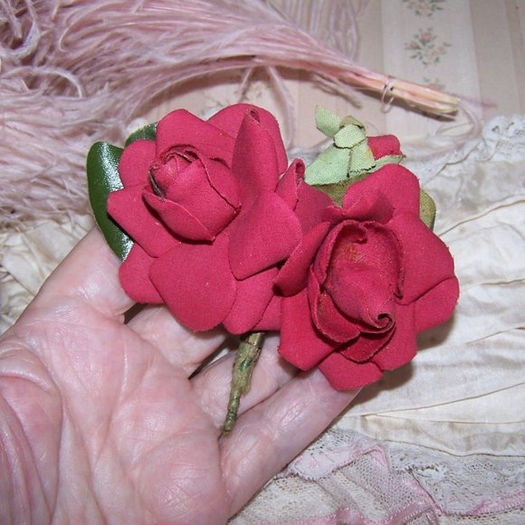 Corsage Spray of Fabric Flowers - Red Roses  and Bud | Millinery Hat Decoration - Picture 3 of 5